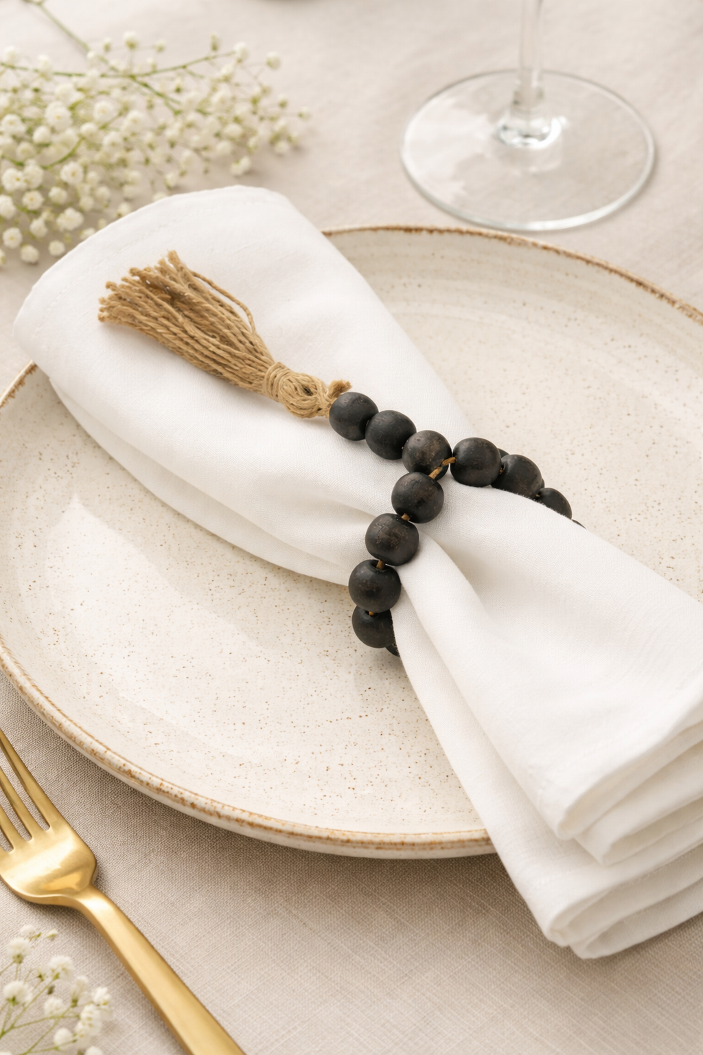 Black Wood Bead Tassel Napkin Ring