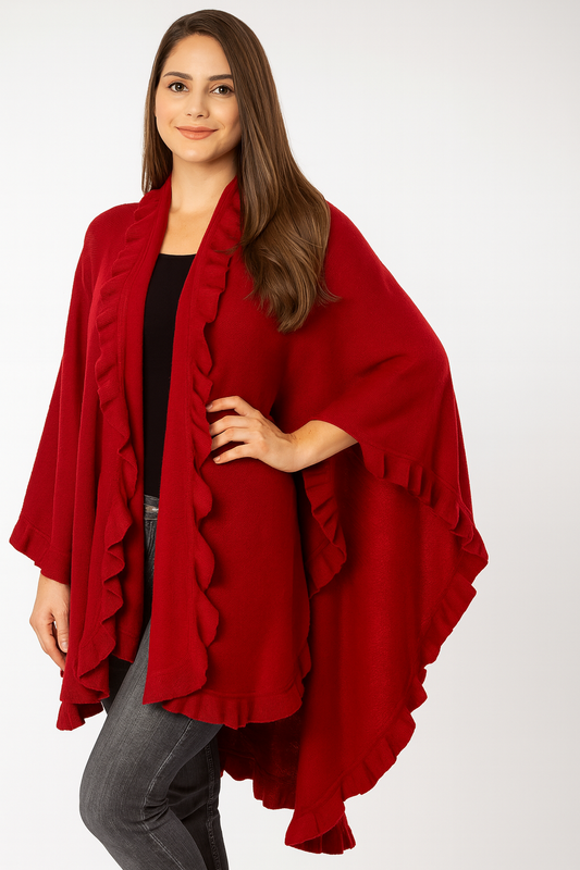 Crimson Red Trim Knit Open Front Warm Poncho Cape