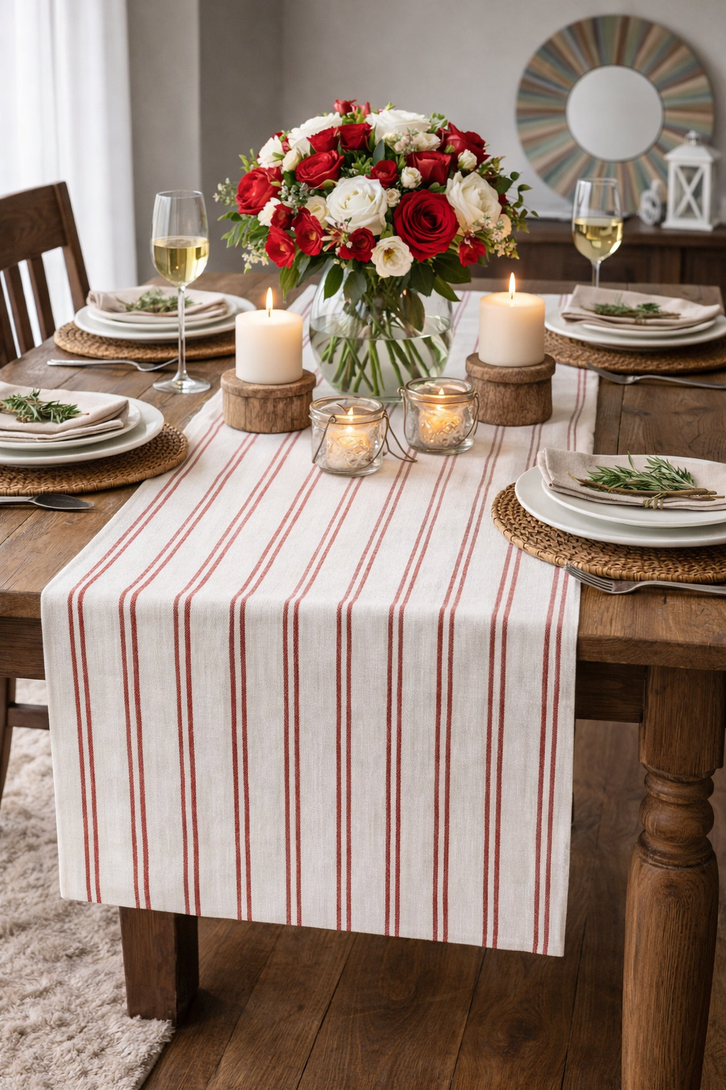 Burgundy Striped Linen-Poly Table Runner