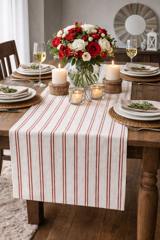 Burgundy Striped Linen-Poly Table Runner