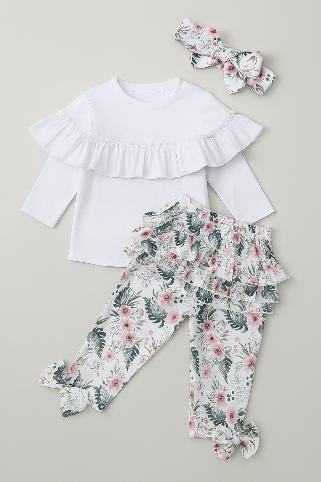 Floral Ruffled White Baby Long Sleeve Top, Pants & Headband