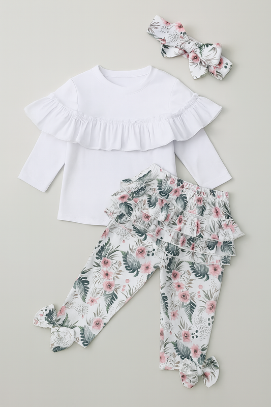 Floral Ruffled White Baby Long Sleeve Top, Pants & Headband