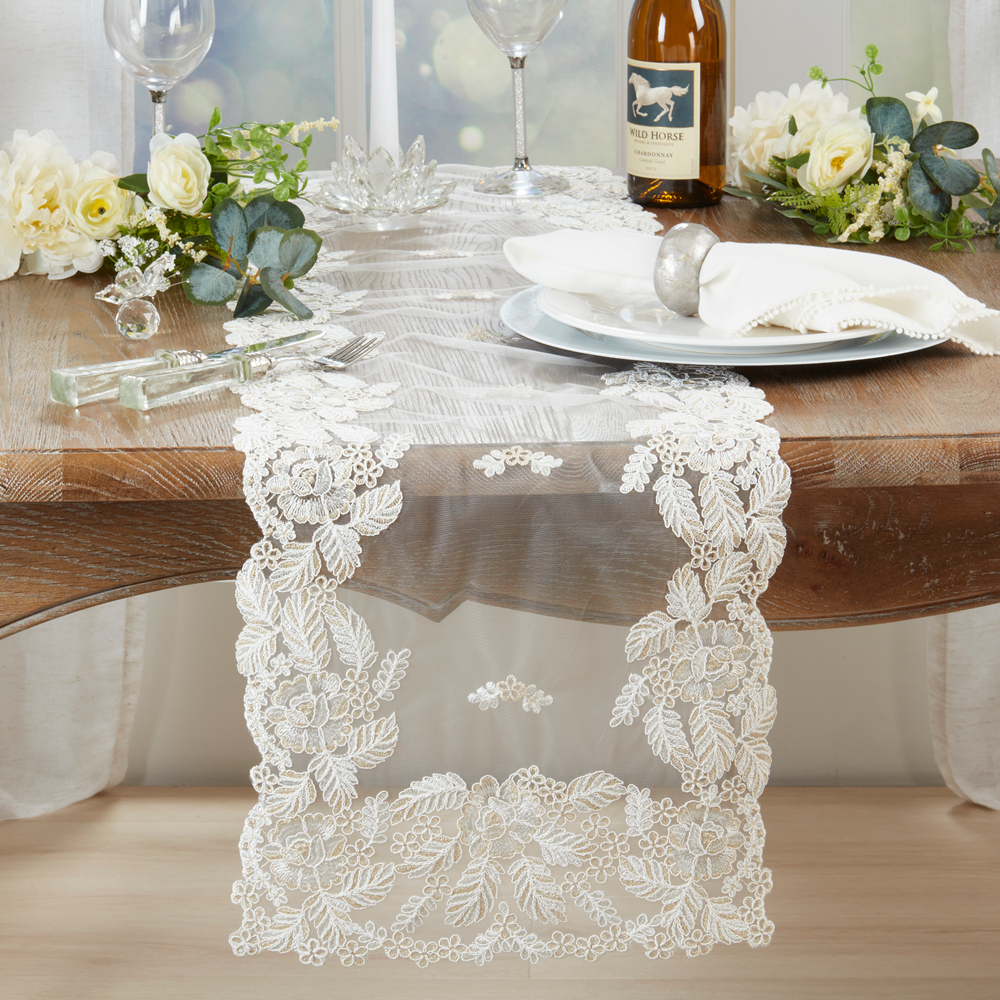 1233 - Ivory Embroidered Net Table Runner - 15"X72"