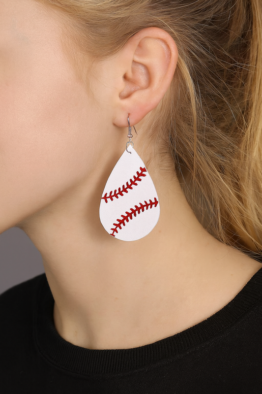 White Baseball Leather Teardrop Dangle Earrings