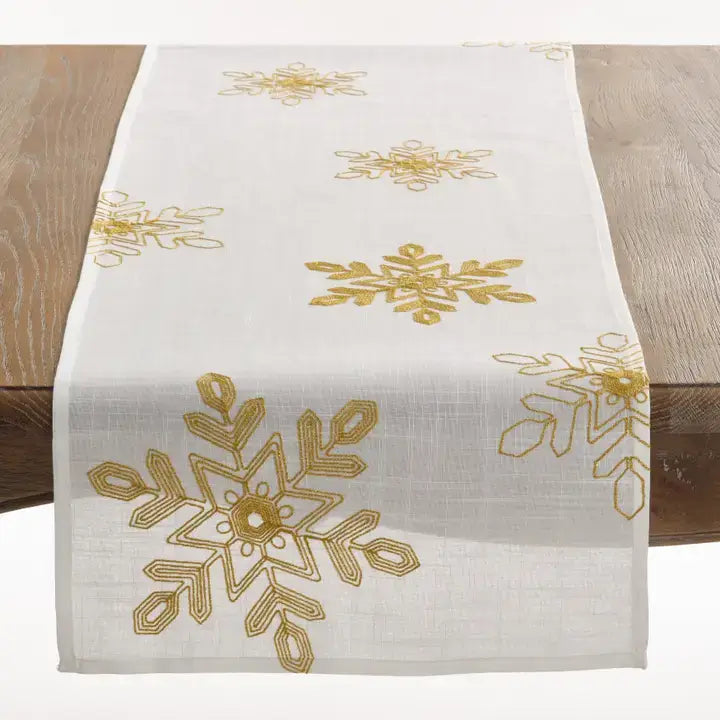 70197 - Gold Embroidered Snowflake White Table Runner