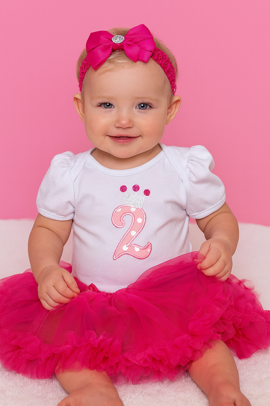 Fuchsia-White 2nd Year Toddler Romper Tutu Dress & Headband