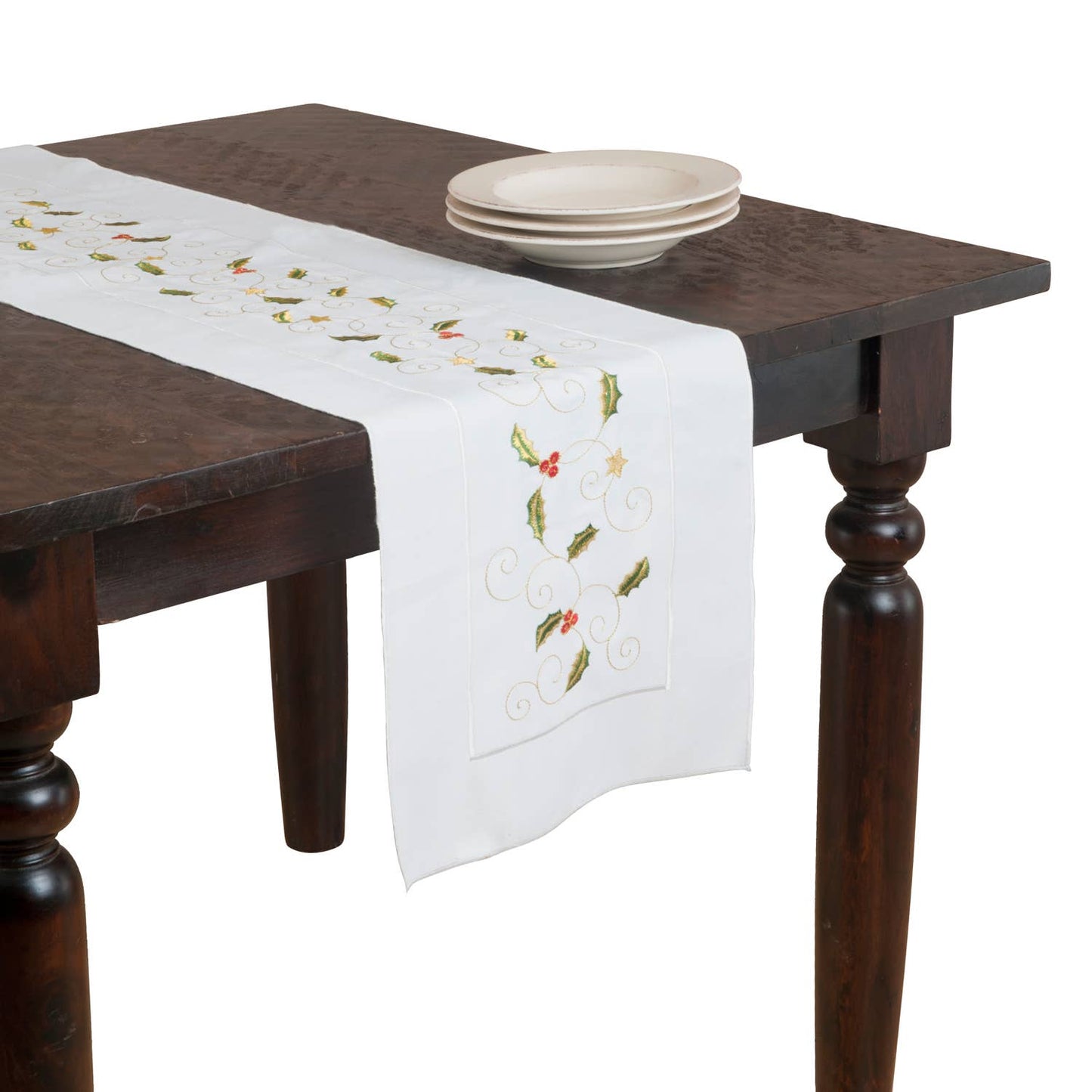 1103 - Holiday Embroidered White 14"x72" Table Runner