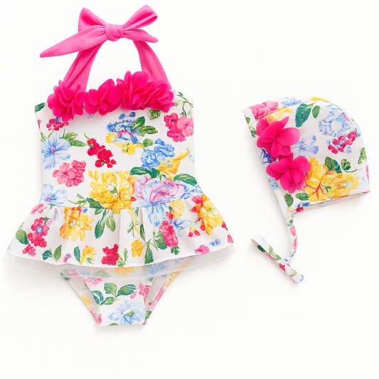 Ruffled Pink Floral Girl Swimsuit and Hat