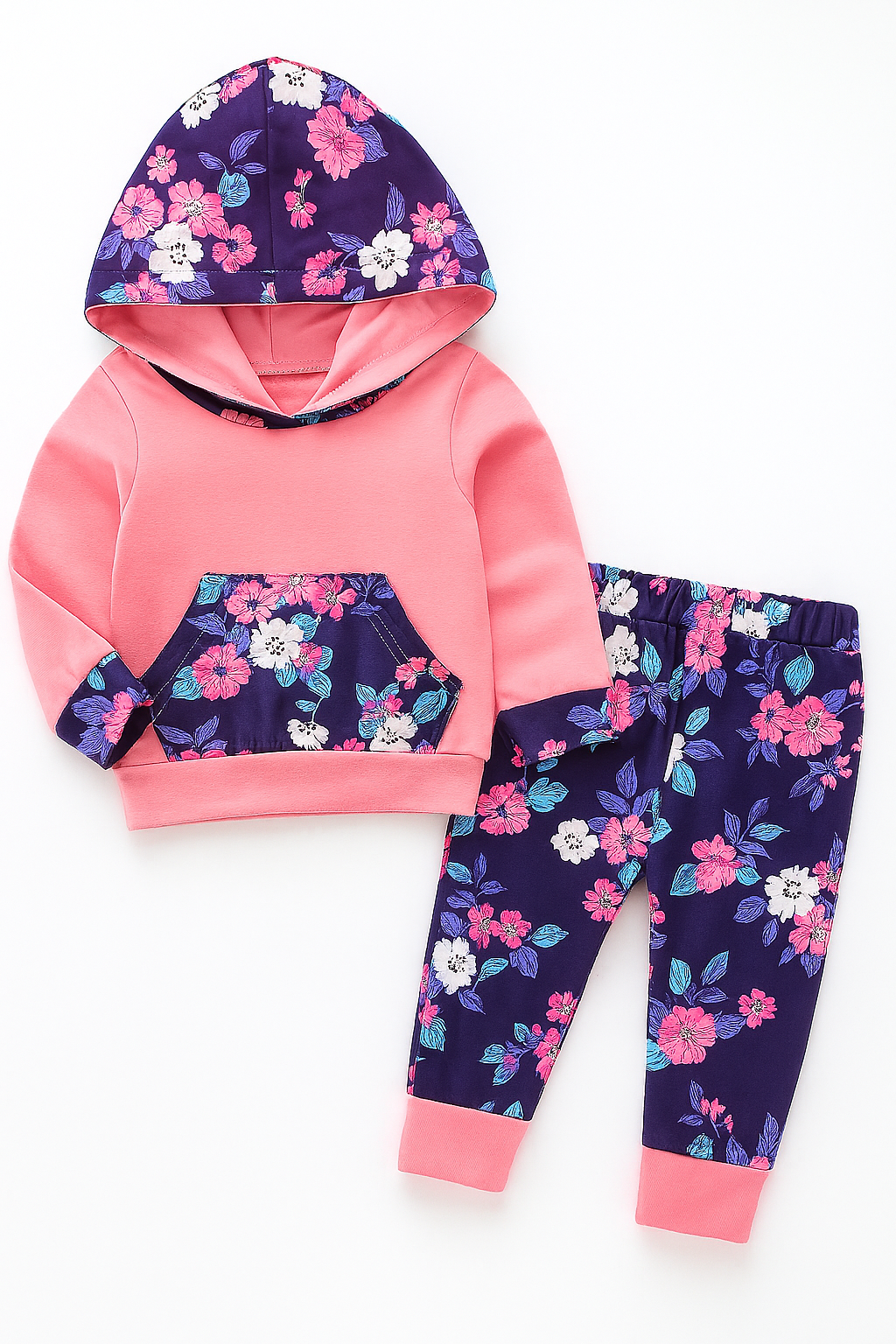 Pink Multi Flower Baby Hooded Sweatshirt & Pants