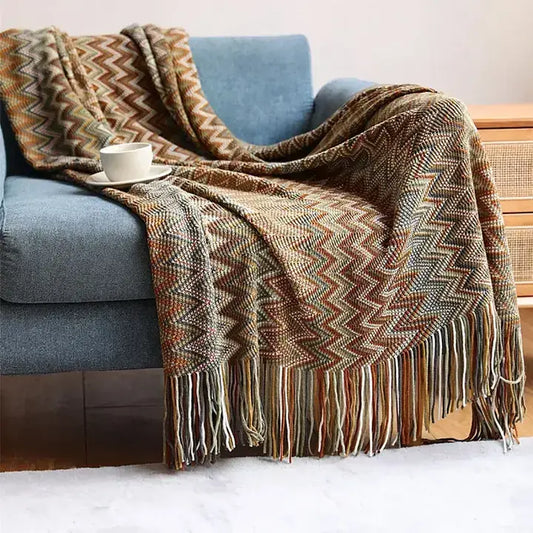 TH0022 - Green-Brown Zigzag Soft Boho Throw Blanket