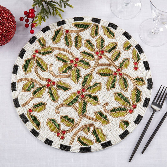 9190 - Beaded Holly Leaves 15" Round Placemat