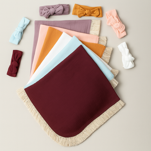 Fringed Cotton Gauze Baby Throw Blanket and Headband