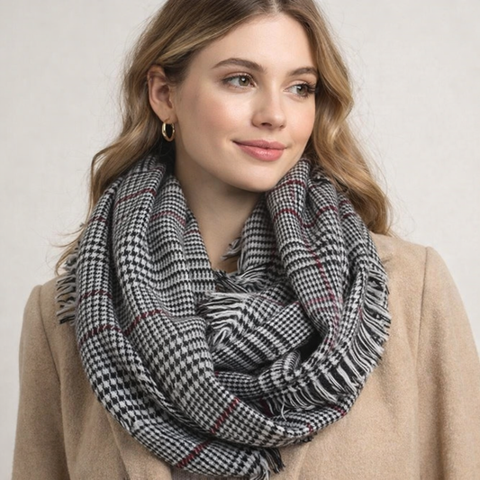 Black Glen Check Infinity Scarf with Fringe