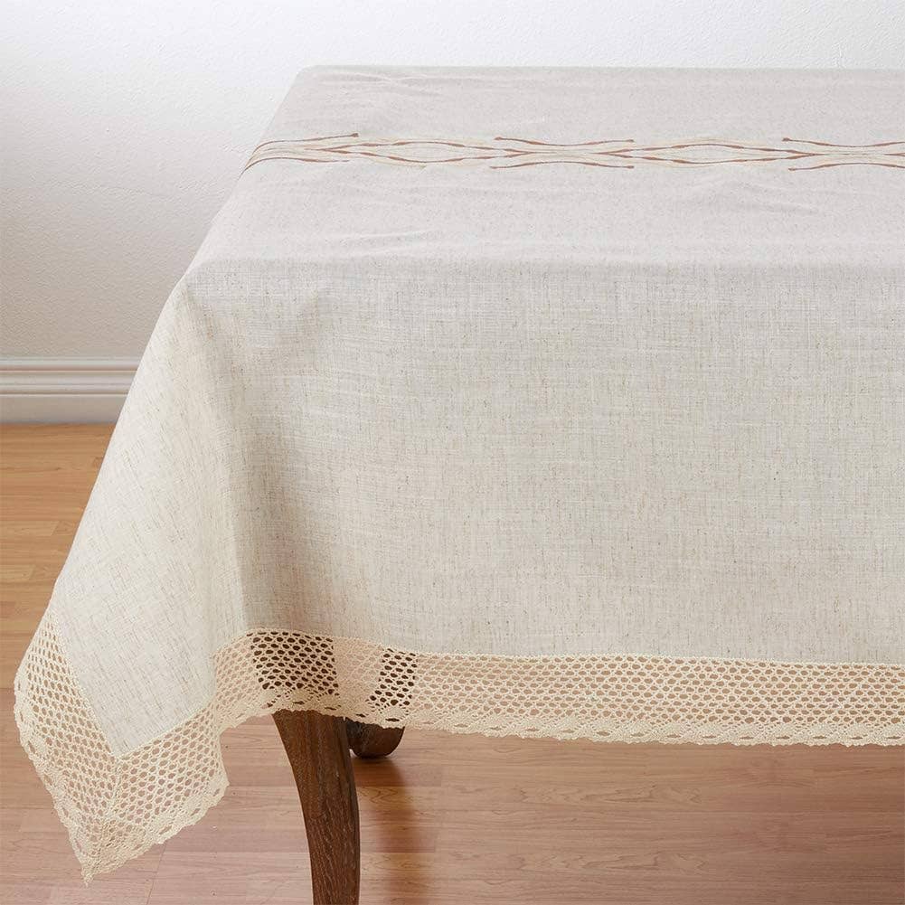 4799 - Natural Embroidered Lace Trim 72"x72" Linen-Poly Tablecloth