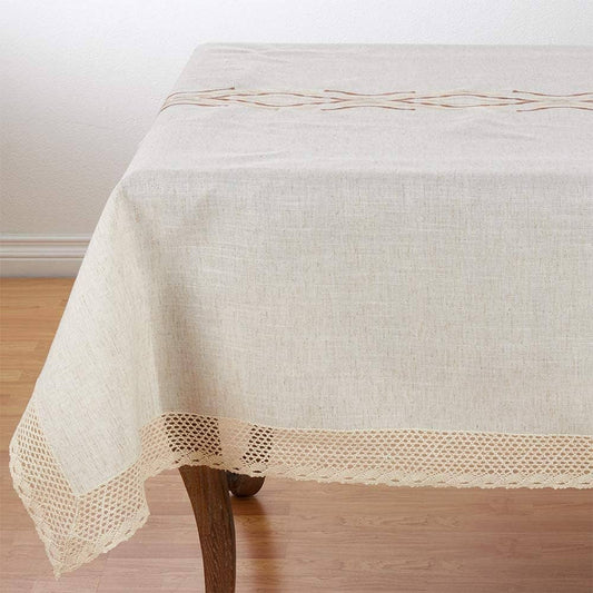 4799 - Natural Embroidered Lace Trim 72"x72" Linen-Poly Tablecloth