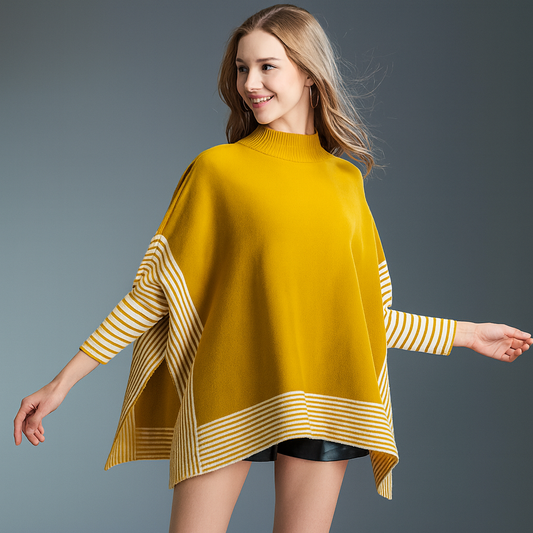 Mustard Striped Pullover Batwing Sleeve Poncho Sweater