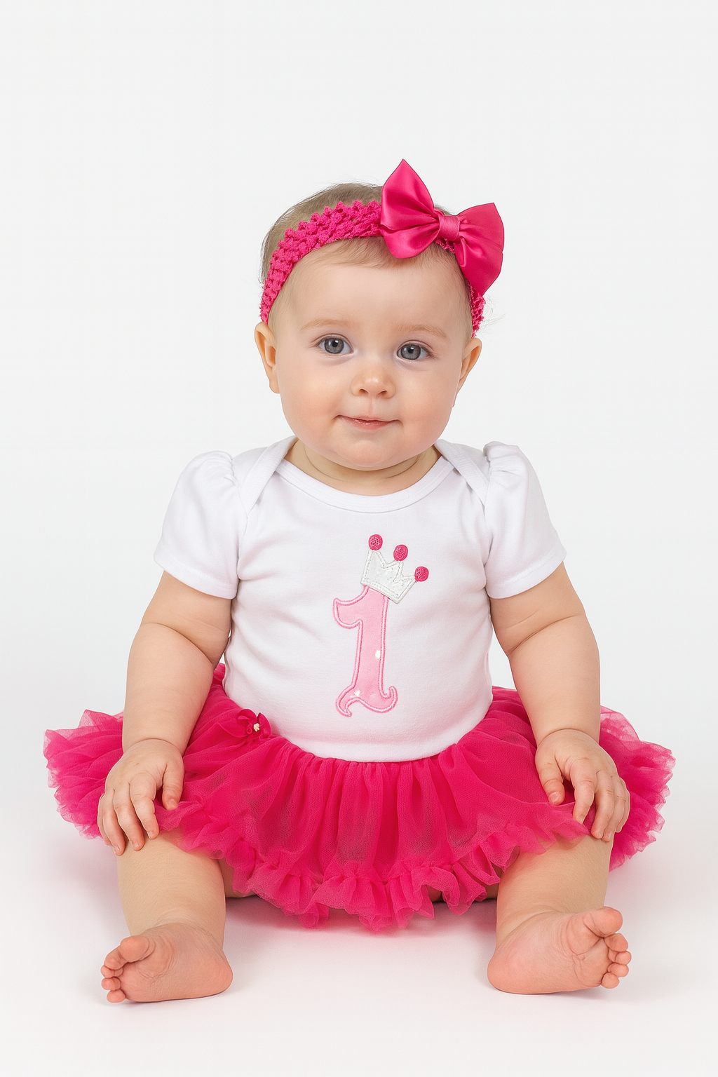 Fuchsia-White 1st Year Baby Romper Tutu Dress & Headband