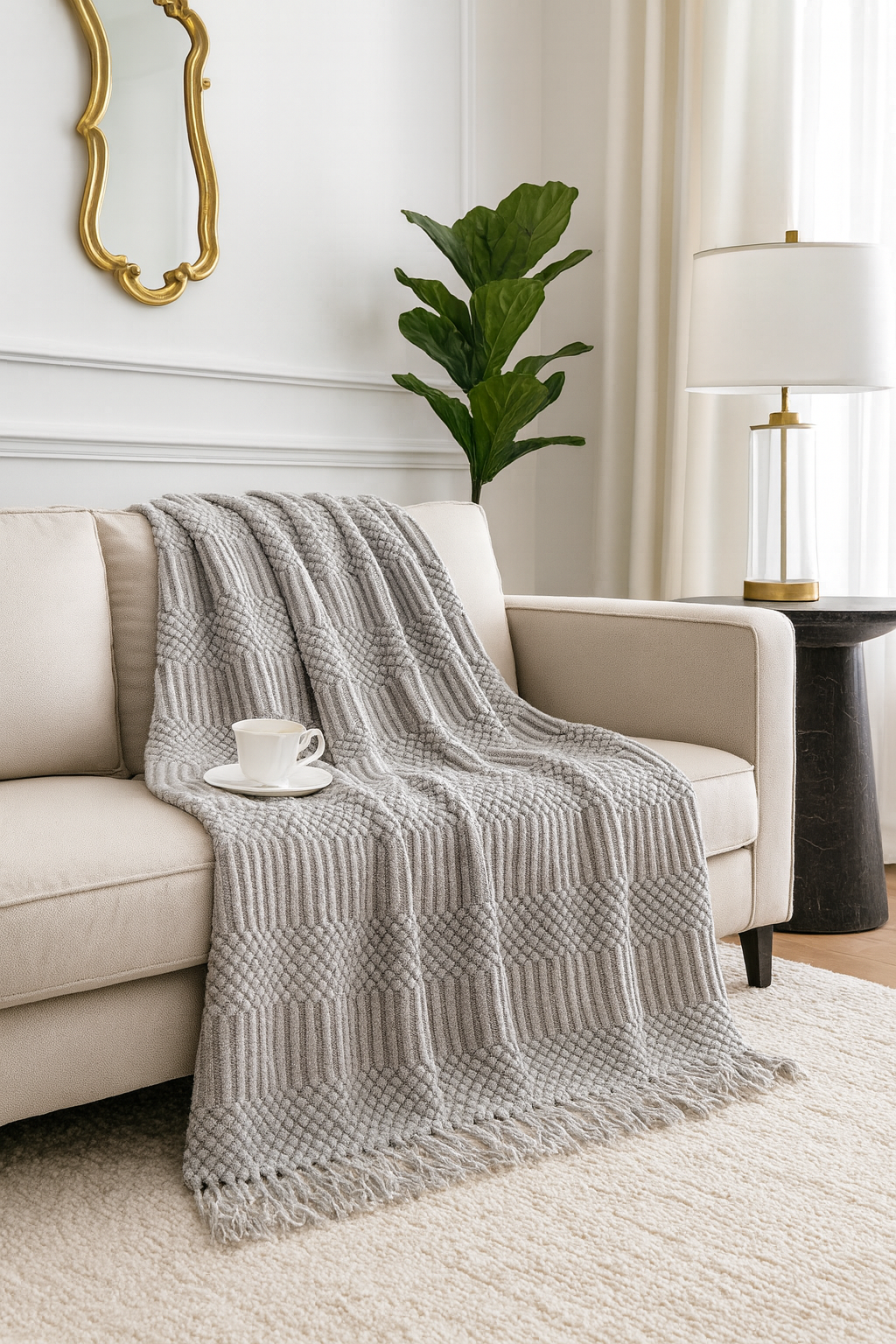 TH0037 - Grey Waffle Stripe 50x60 Inch Throw Blanket