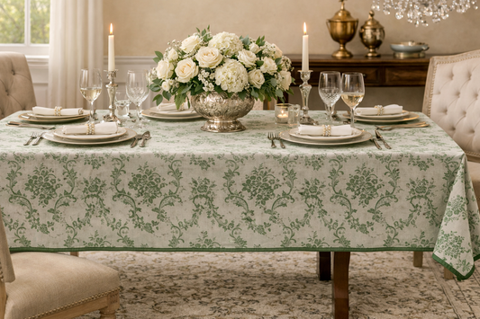 Green Floral Vine Tablecloth with Contrast Trim