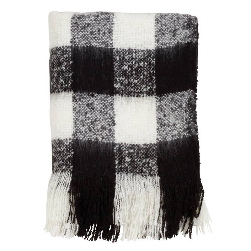 TH316 - Buffalo Plaid Faux Mohair Fringe Fuzzy Throw Blanket