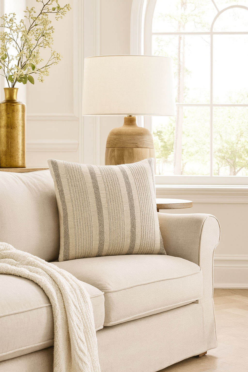 1024 - Striped Woven Cotton 22" Ivory Throw Pillow
