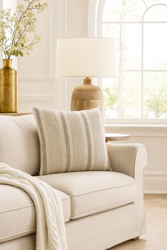 1024 - Striped Woven Cotton 22" Ivory Throw Pillow