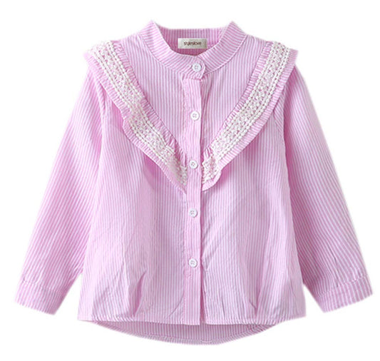 Pink Striped & Ruffled Cotton Girl Blouse