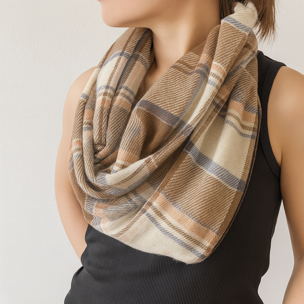 Brown Black Plaid Infinity Scarf with Zipper Pocket