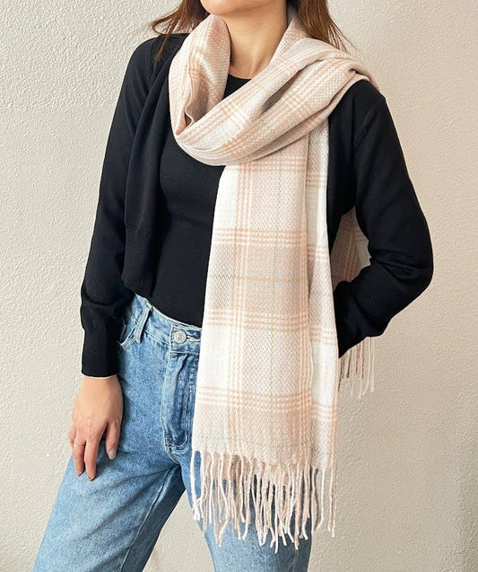 Pink Classic Plaid Cashmere Wrap Scarf with Fringe