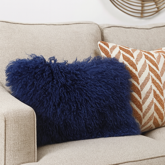 3564 - Cobalt Blue Mongolian Lamb Fur Throw Pillow - 12"x 20"