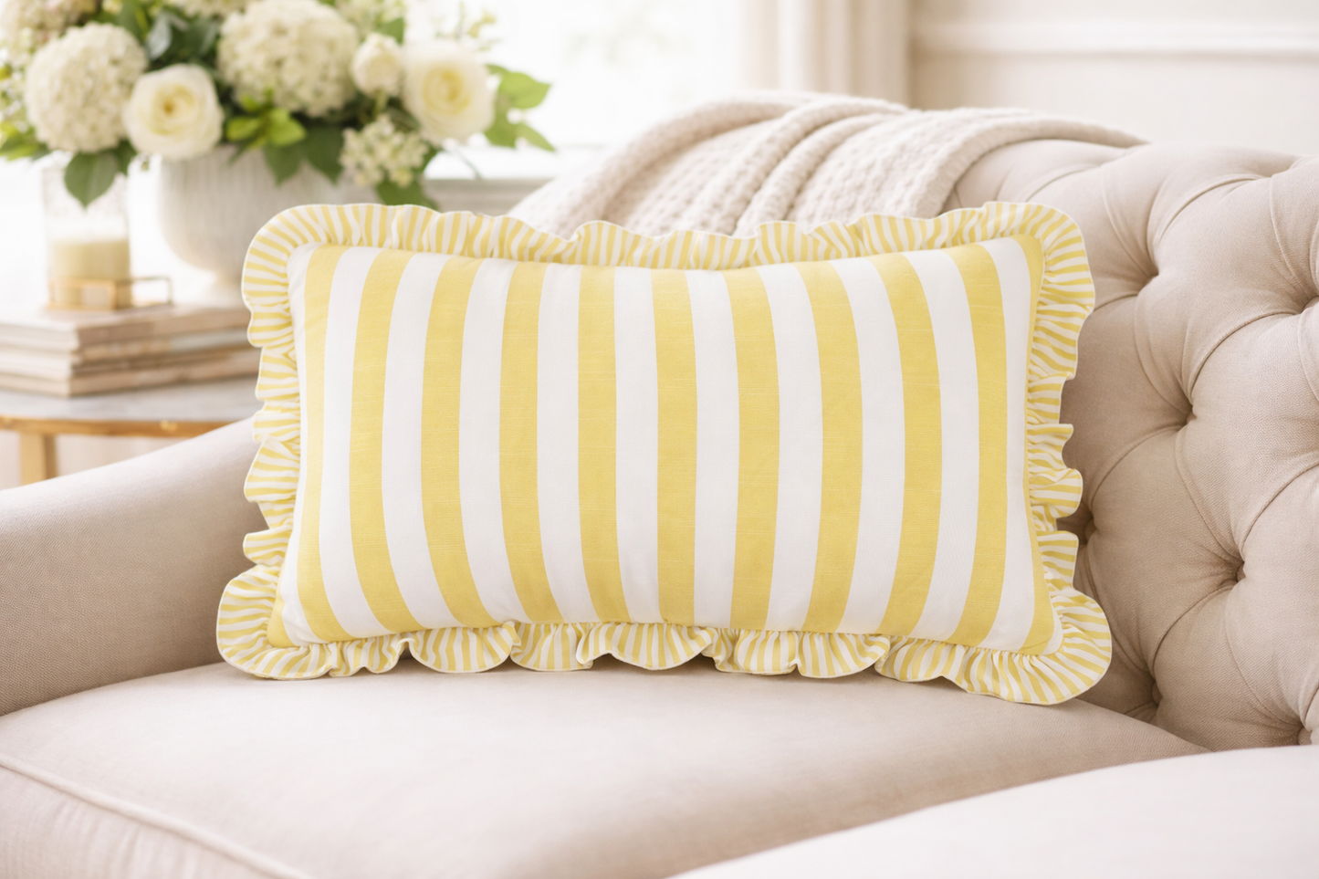 4423 - Yellow Double-Sided Striped Ruffle 12"X20" Throw Pillow