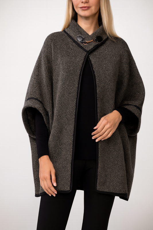 Grey Knit Buckle Poncho Cape Cardigan