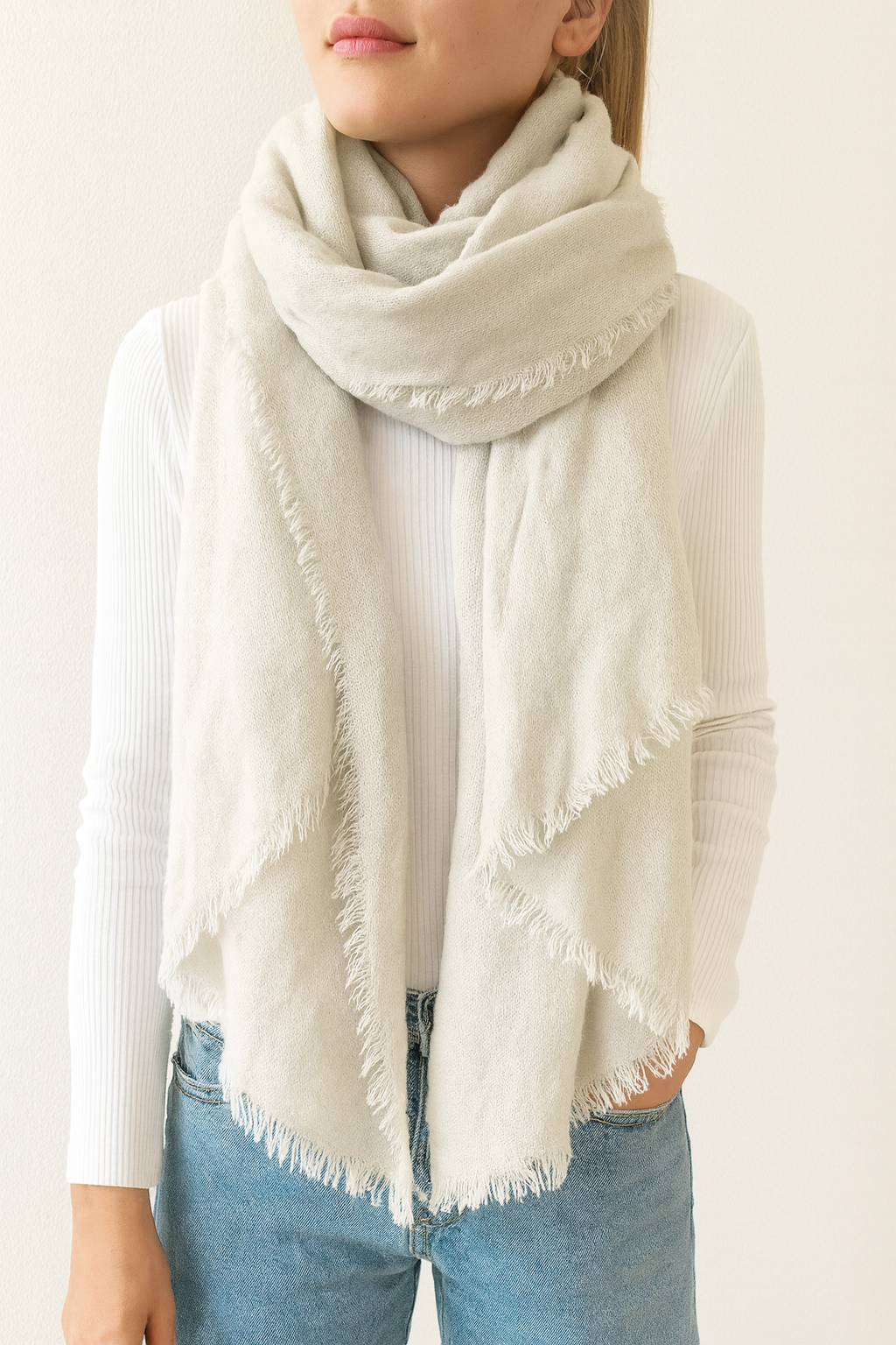 White Solid Cashmere Blend Woven Blanket Scarf