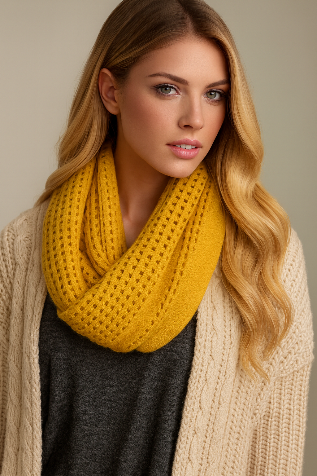 Mustard Open Grid Infinity Loop Scarf