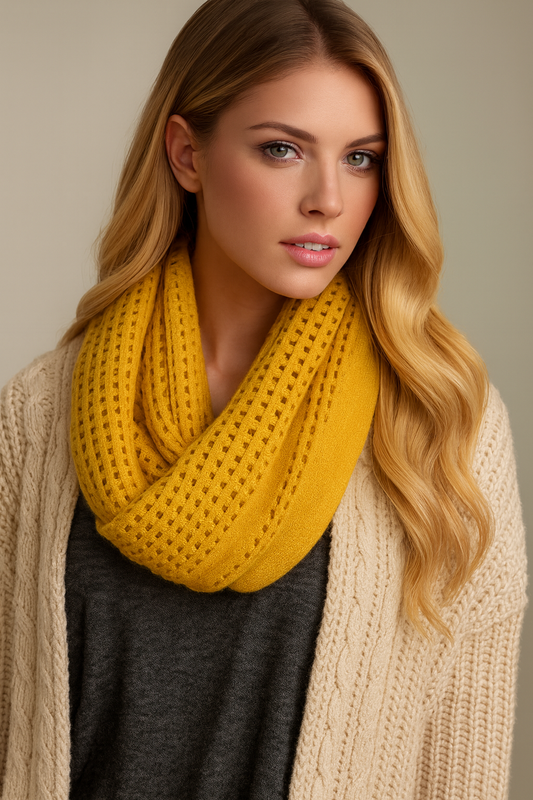 Mustard Open Grid Infinity Loop Scarf