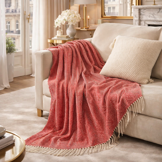 Red Herringbone Fringed 50x60 Inch Throw Blanket