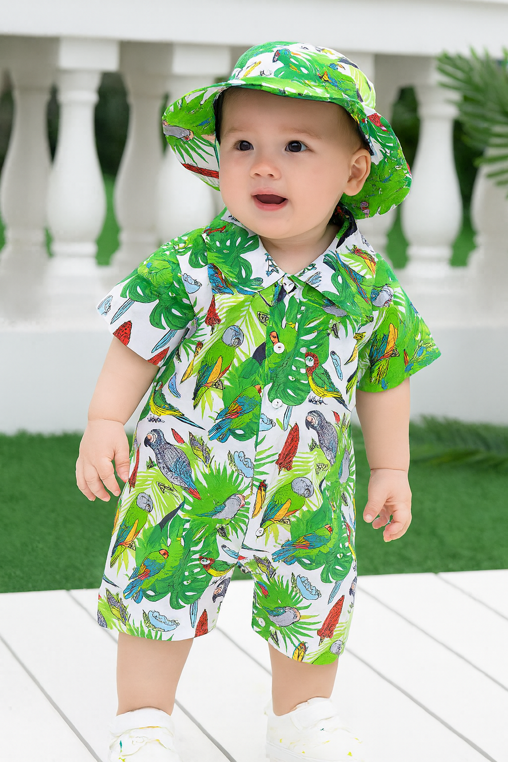 Green Tropical Parrot Print Baby Boy Romper & Hat