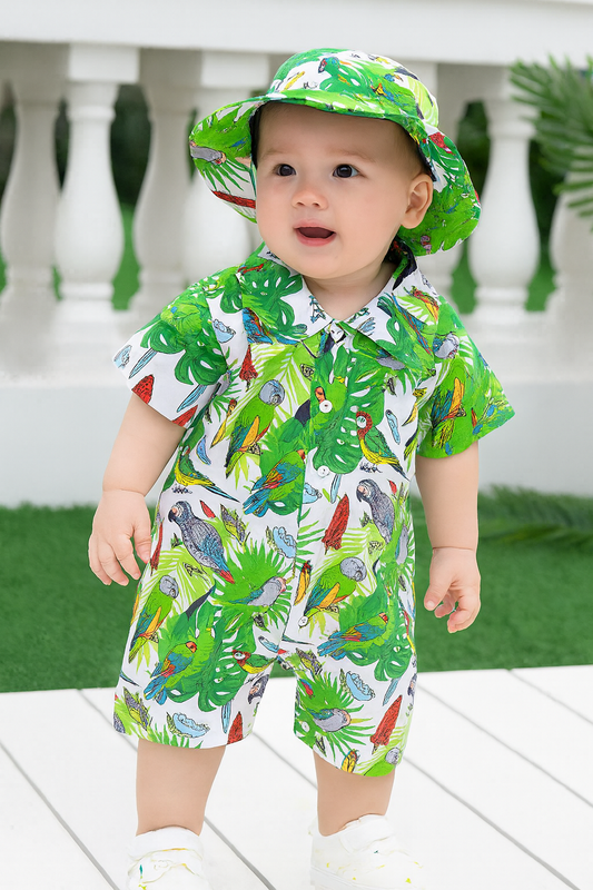 Green Tropical Parrot Print Baby Boy Romper & Hat