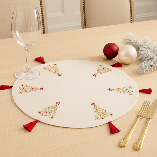 1133 - Embroidered Christmas Trees Tasseled Cotton 14" Placemat