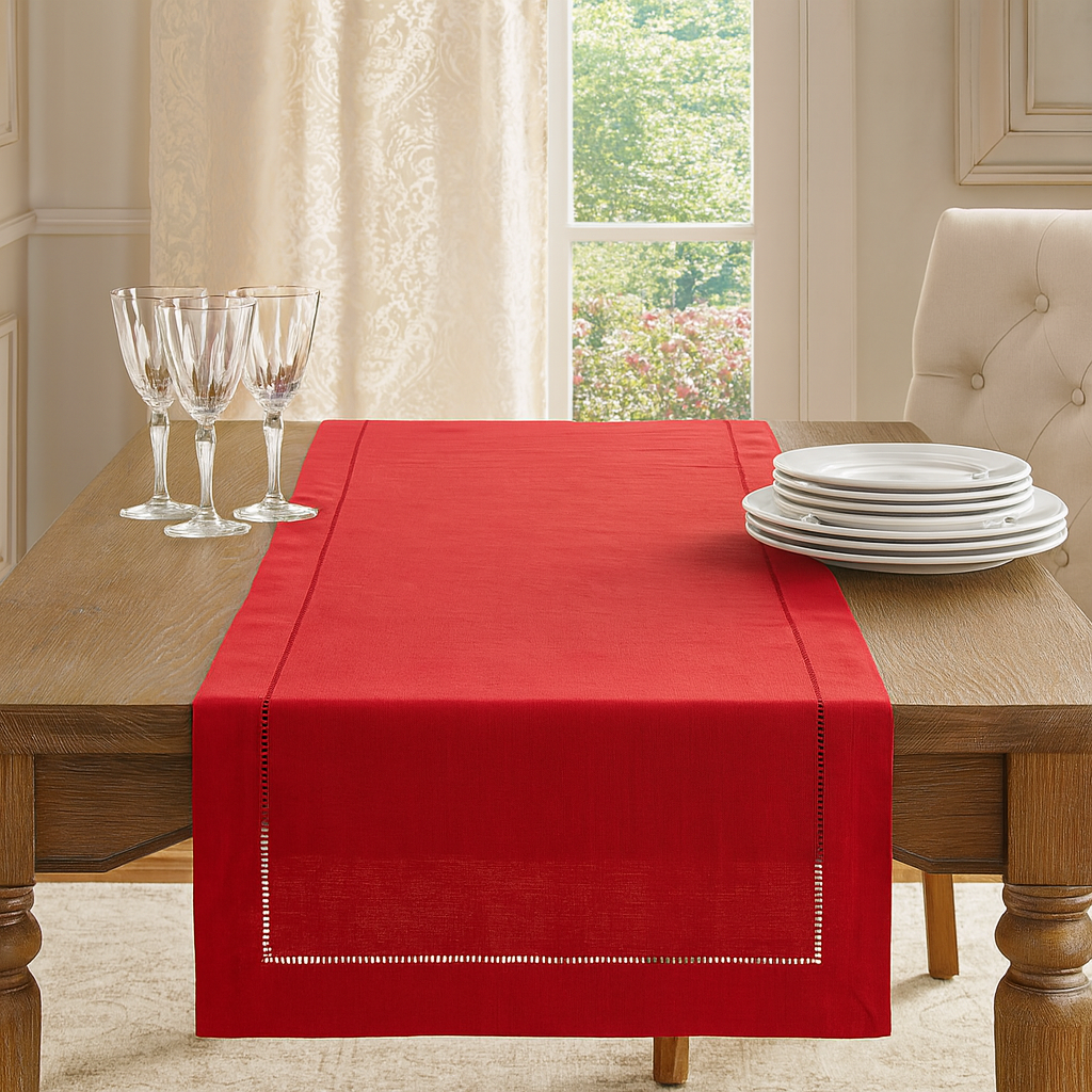 6301 - Red Hemstitched Red Table Runner - 16"x120"