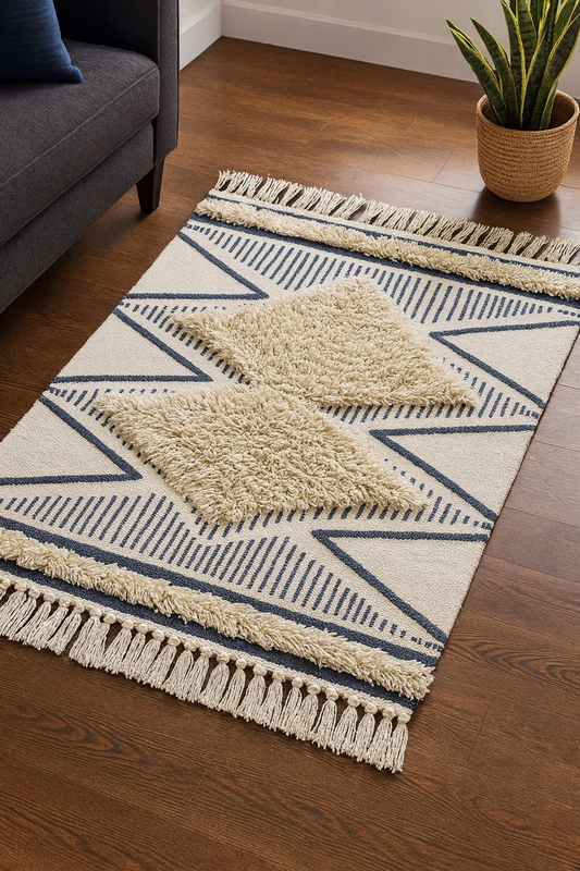 Ivory Geometric Diamond Woven Area Rug with Tassel