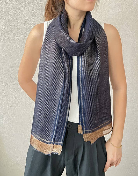 Navy Blue Shimmering Striped Silk Blend Wrap Scarf