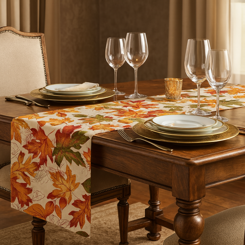 1227 - Embroidered Autumn Leaves Cotton Table Runner