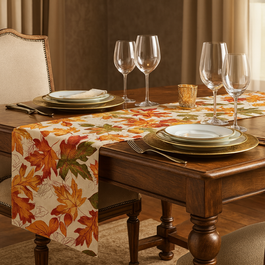 1227 - Embroidered Autumn Leaves Cotton Table Runner