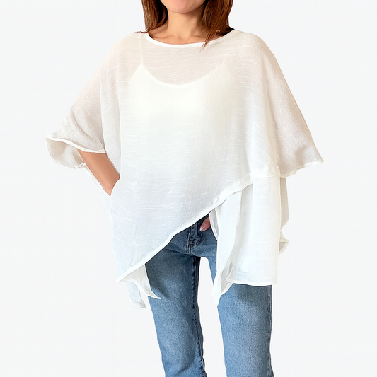 White Asymmetrical Hem Boat Neck Loose Tunic