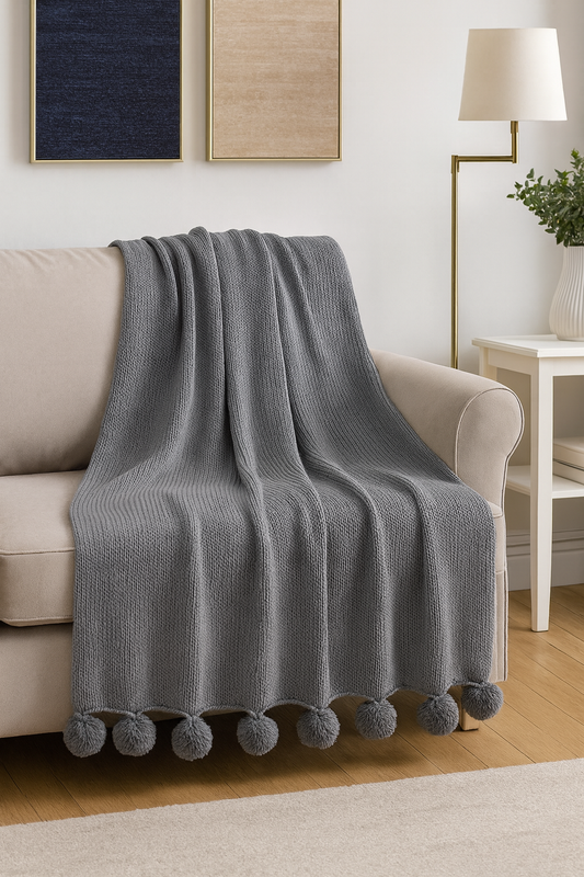 TH518 - Classic Solid Grey Knit Pom Pom 50x60 Throw Blanket
