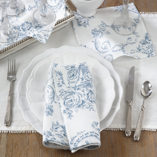 1162 - Indigo Toile Floral White 100% Linen Cloth Napkin