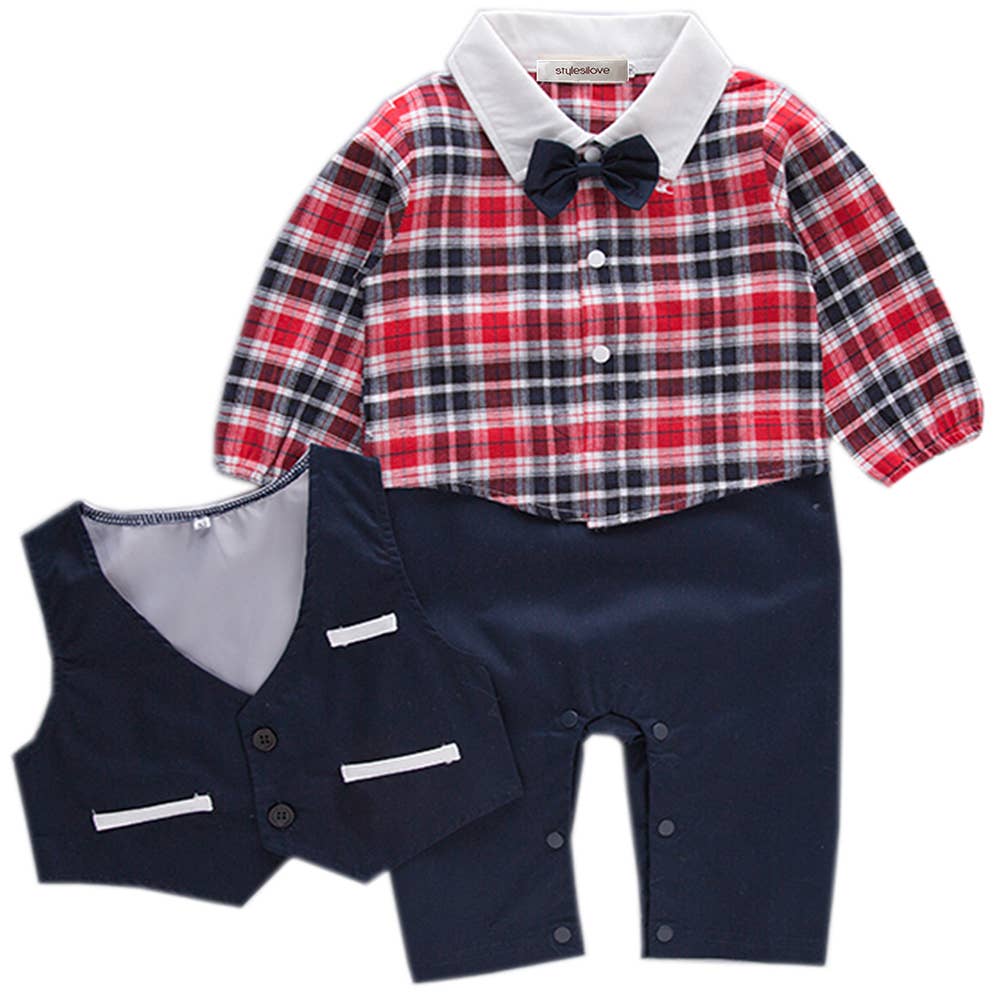 Red Plaid Baby Tuxedo Romper & Vest
