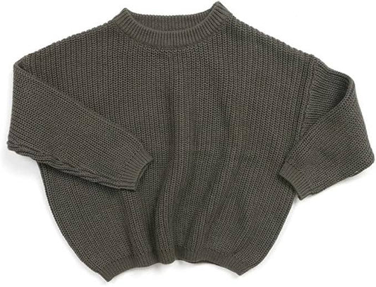 Olive Knit Crewneck Solid Little Girl Pullover Sweater