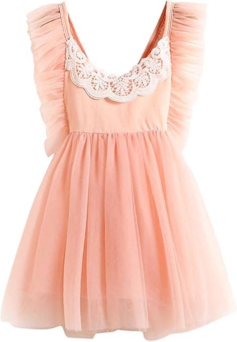Pink Lace Trim Ruffled Backless Girl Tutu Dress